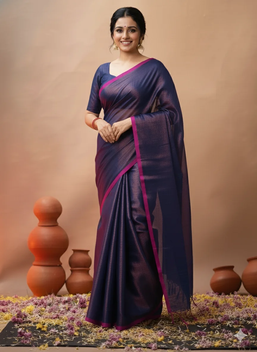 Navy Raga Tissue Saree with Magenta Border (with Plain Stitched Blouse)