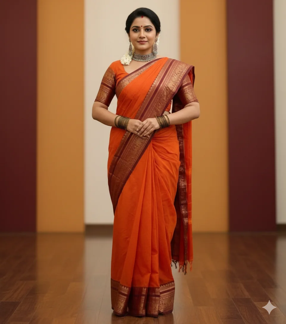 Bright Orange Kanchi Cotton Saree with Maroon & Gold Zari Border - Image 3