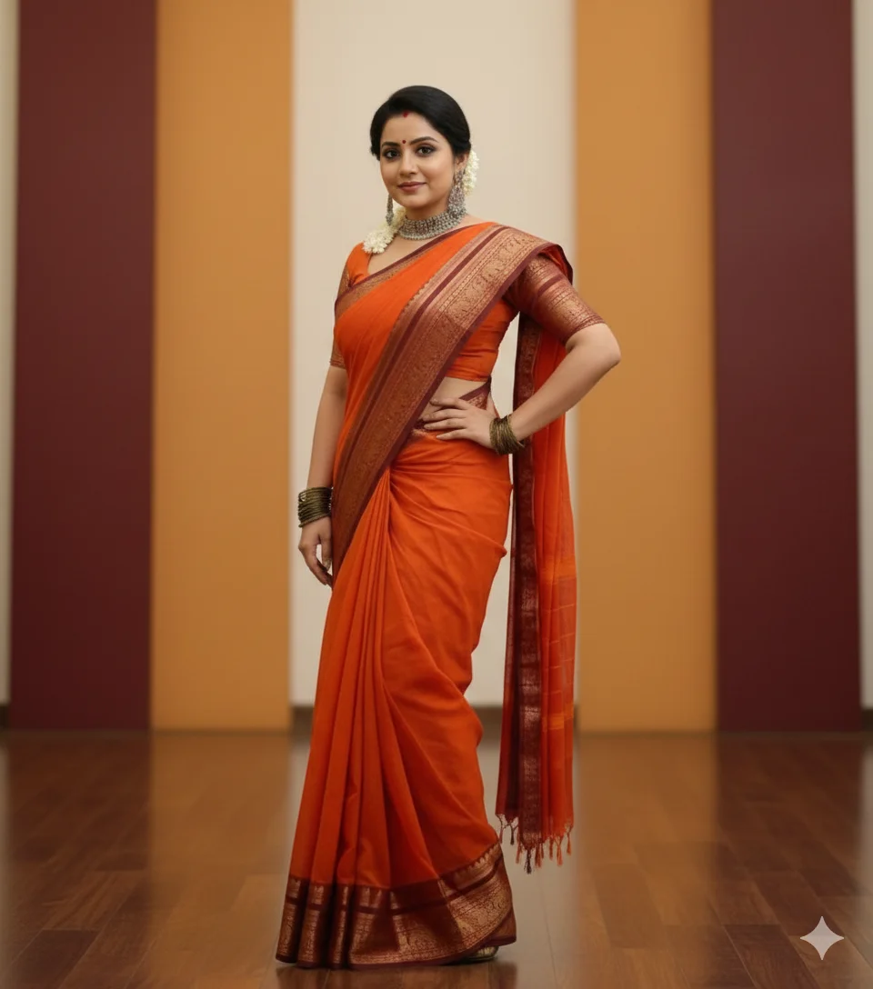 Bright Orange Kanchi Cotton Saree with Maroon & Gold Zari Border - Image 2