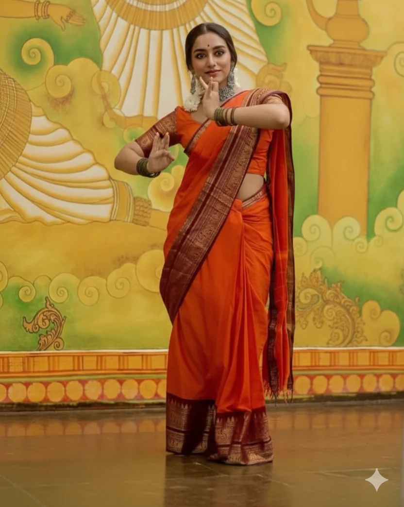 Bright Orange Kanchi Cotton Saree with Maroon & Gold Zari Border