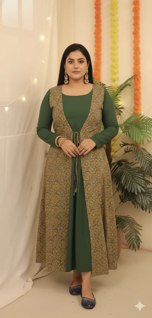 Olive Green Dress with Gold Print Shrug