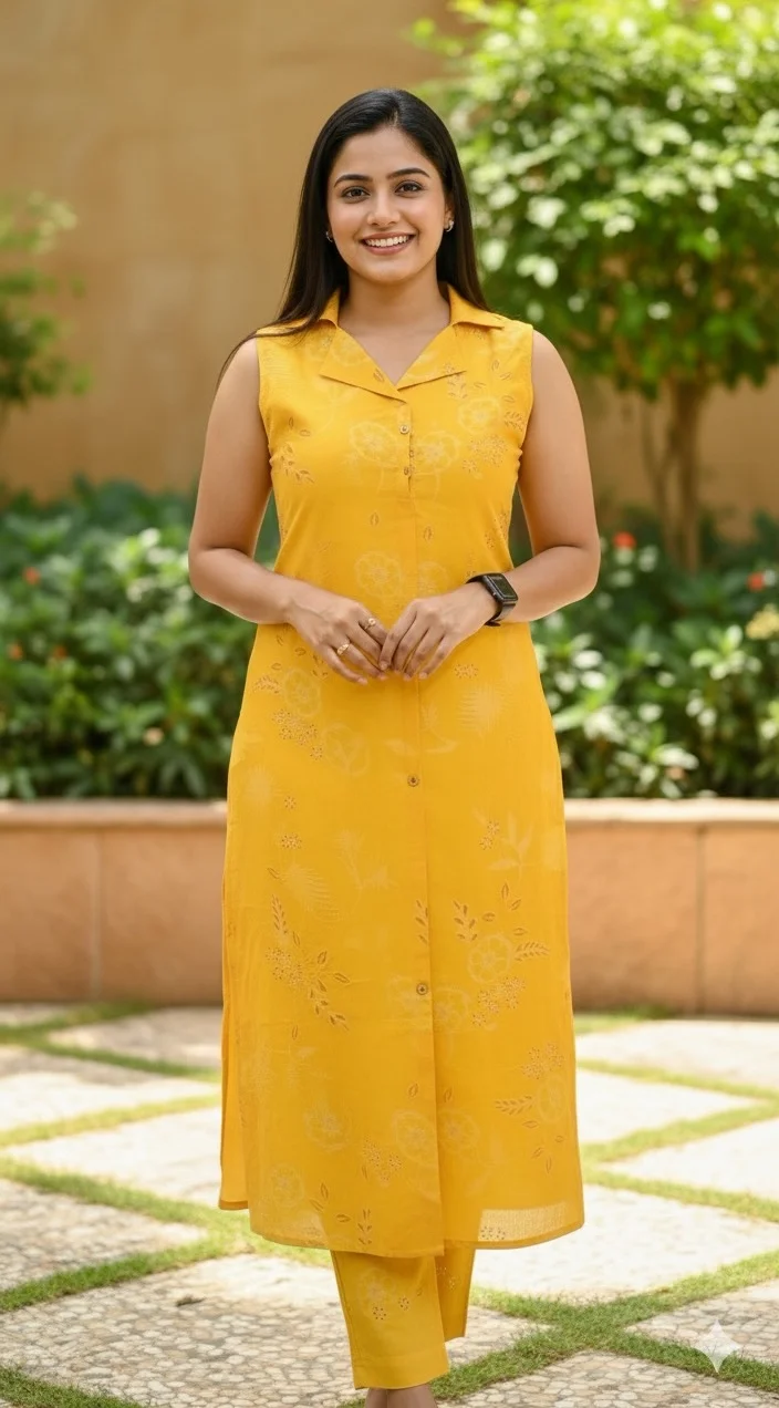 Sunshine Yellow Floral Print Sleeveless Vetican Kurta Set