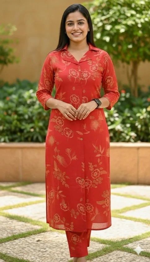 Peach Floral Print Vetican Kurta Set