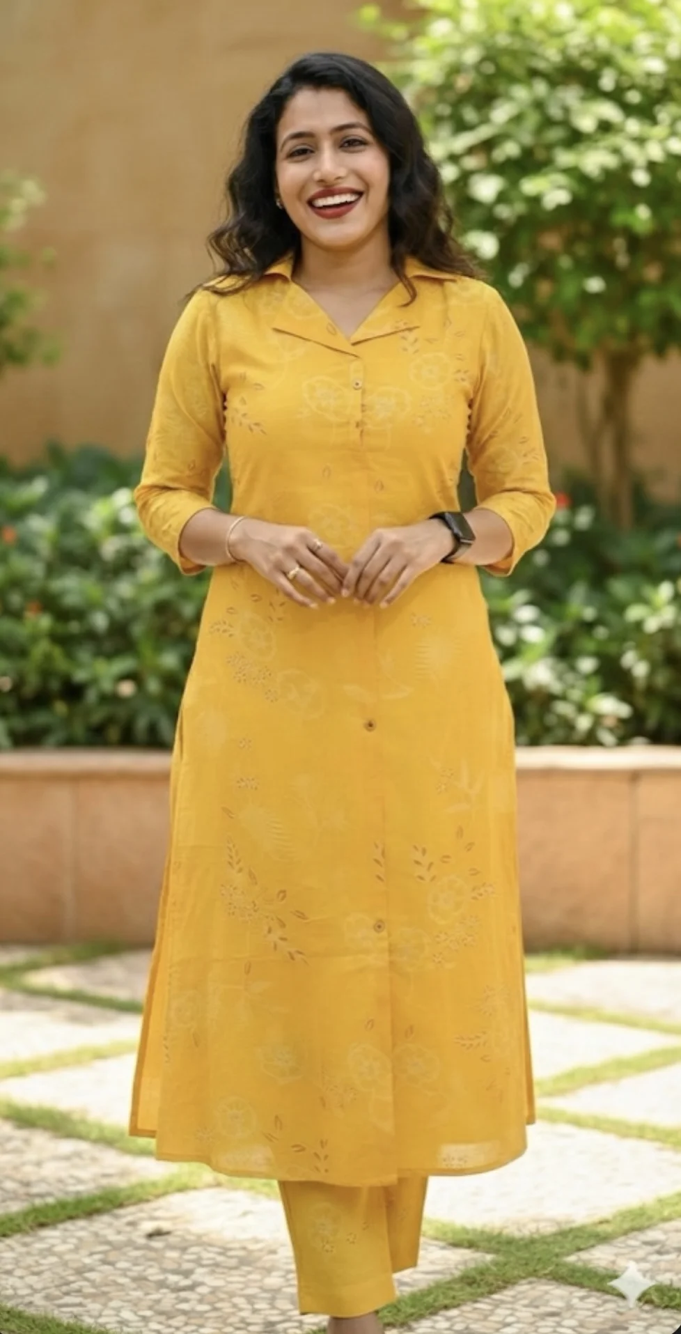 Bright Yellow Floral Print Vetican Kurta Set