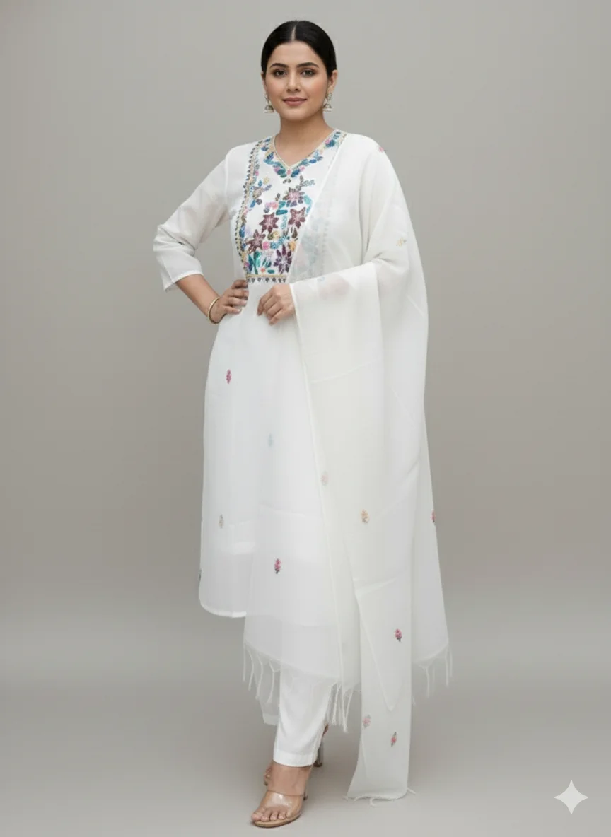 White Mul Chanderi Salwar Suit with Multi-Color Embroidered Yoke