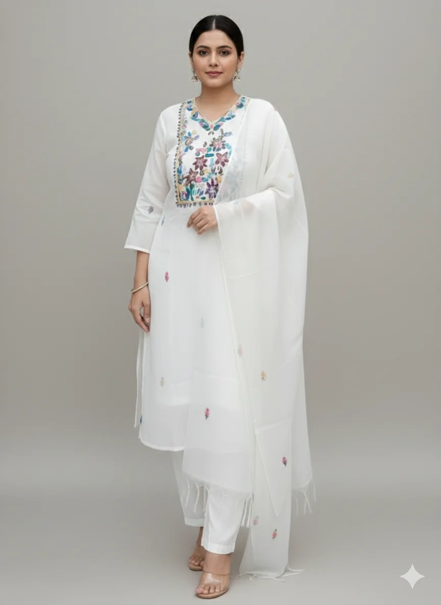 White Mul Chanderi Salwar Suit with Multi-Color Embroidered Yoke - Image 2