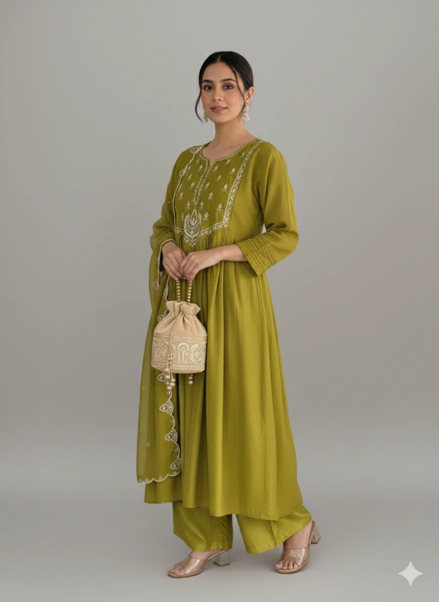 Olive Green Mul Chanderi Anarkali Suit with Sequin Work