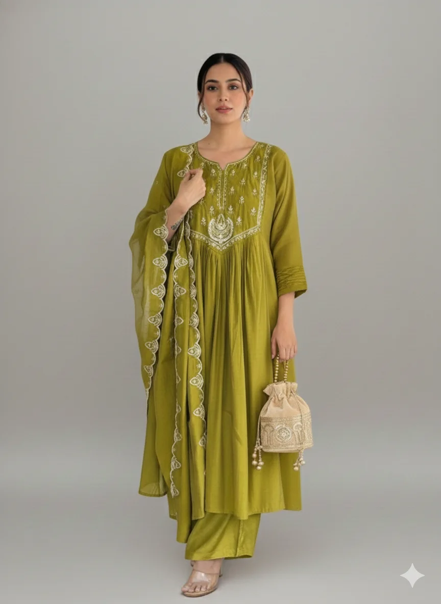 Olive Green Mul Chanderi Anarkali Suit with Sequin Work - Image 2