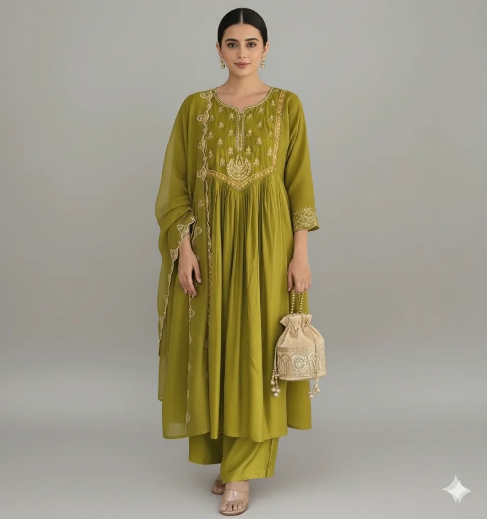 Olive Green Mul Chanderi Anarkali Suit with Sequin Work