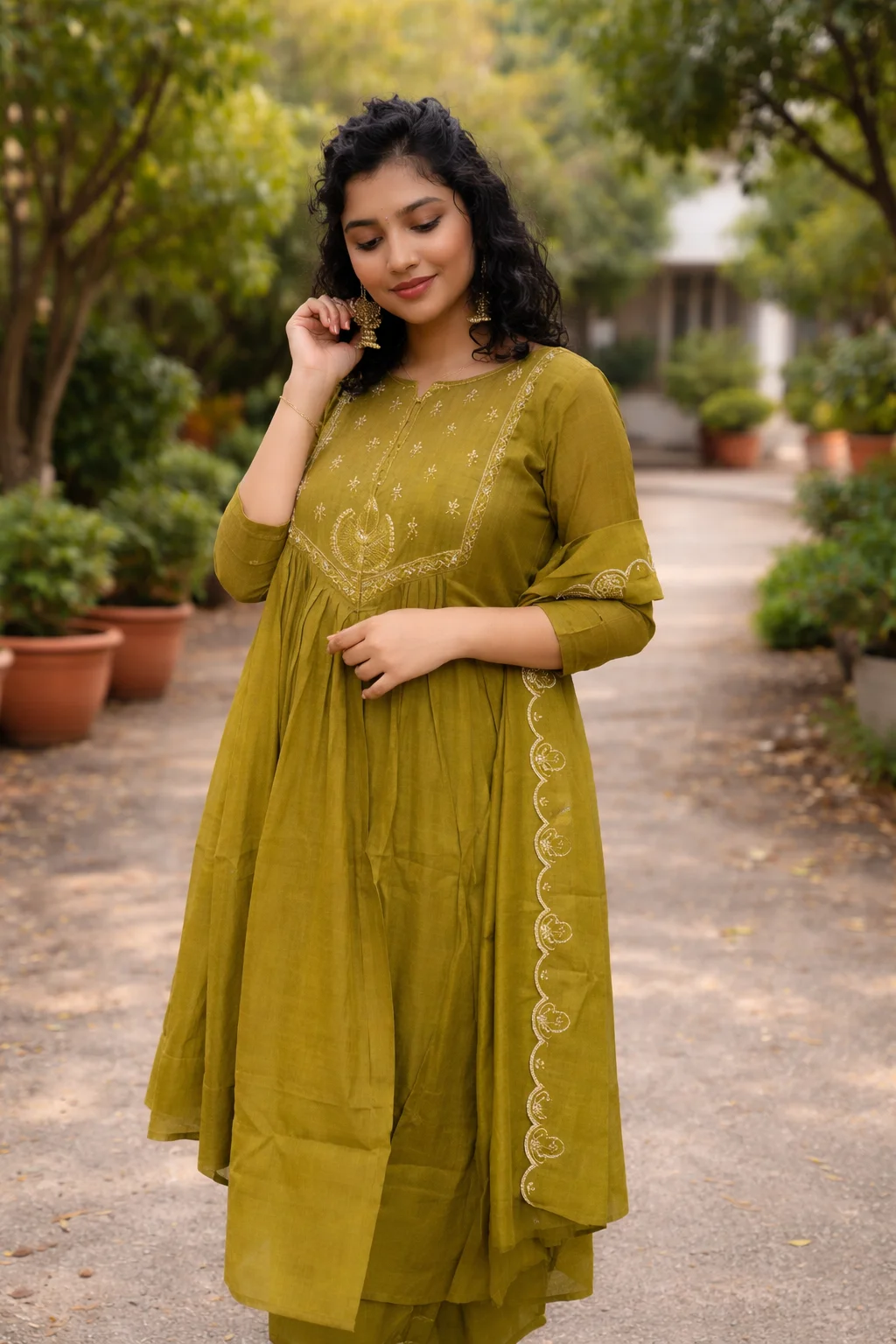 Olive Green Mul Chanderi Anarkali Suit with Sequin Work
