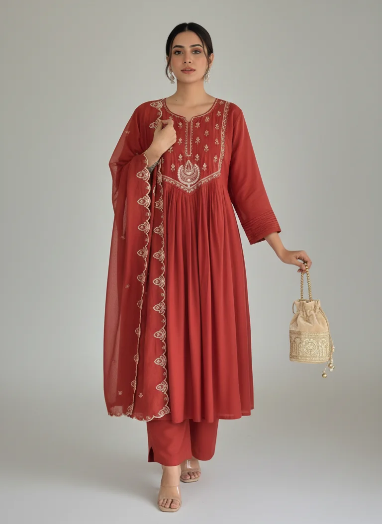 Rust Red Mul Chanderi Anarkali Suit with Sequin Work