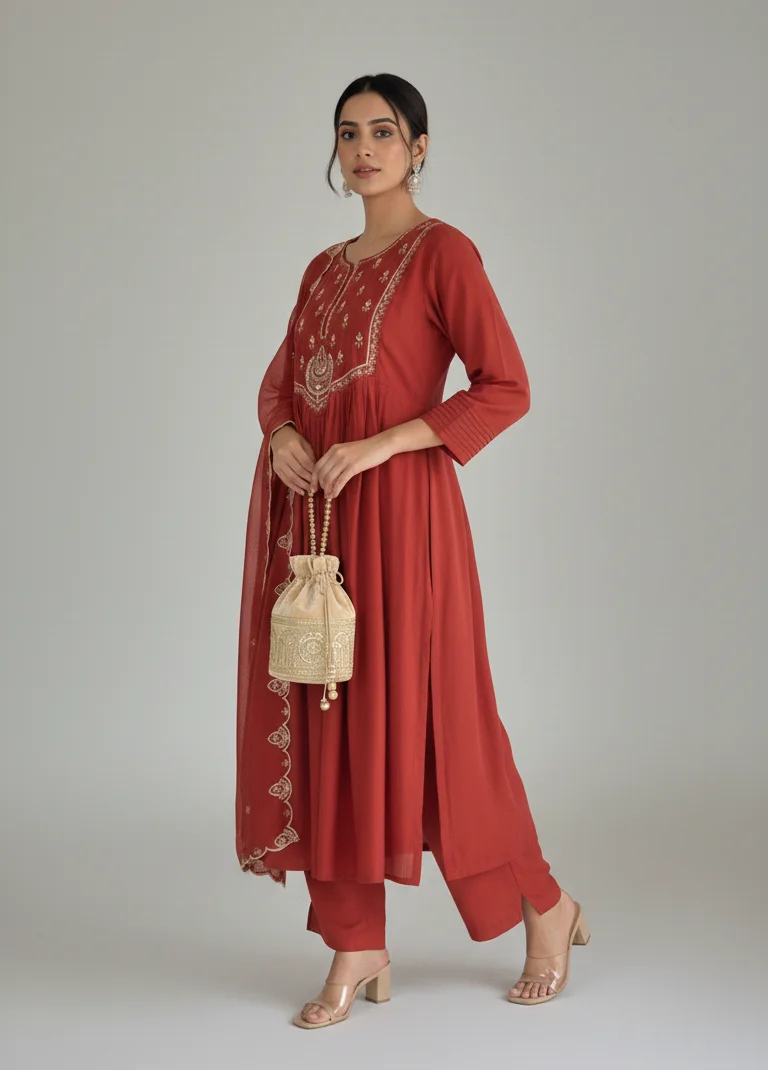 Rust Red Mul Chanderi Anarkali Suit with Sequin Work - Image 2
