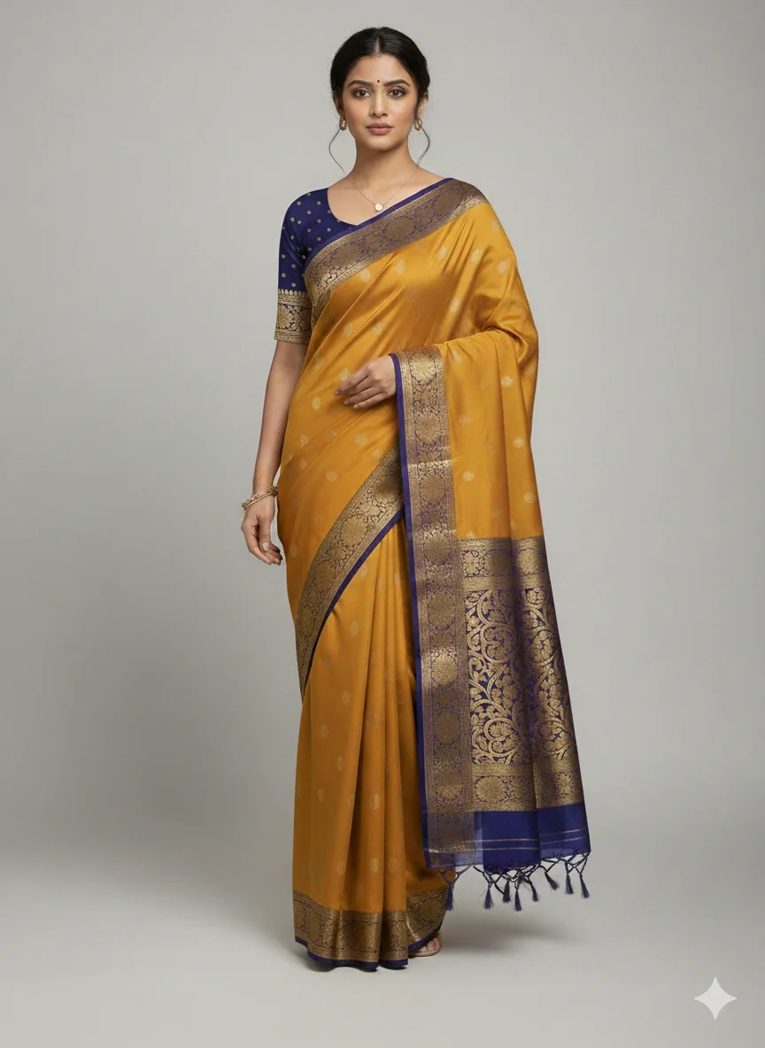 Mustard Yellow Georgette Banarasi Saree with Navy Blue Zari Border (with Stitched Blouse)