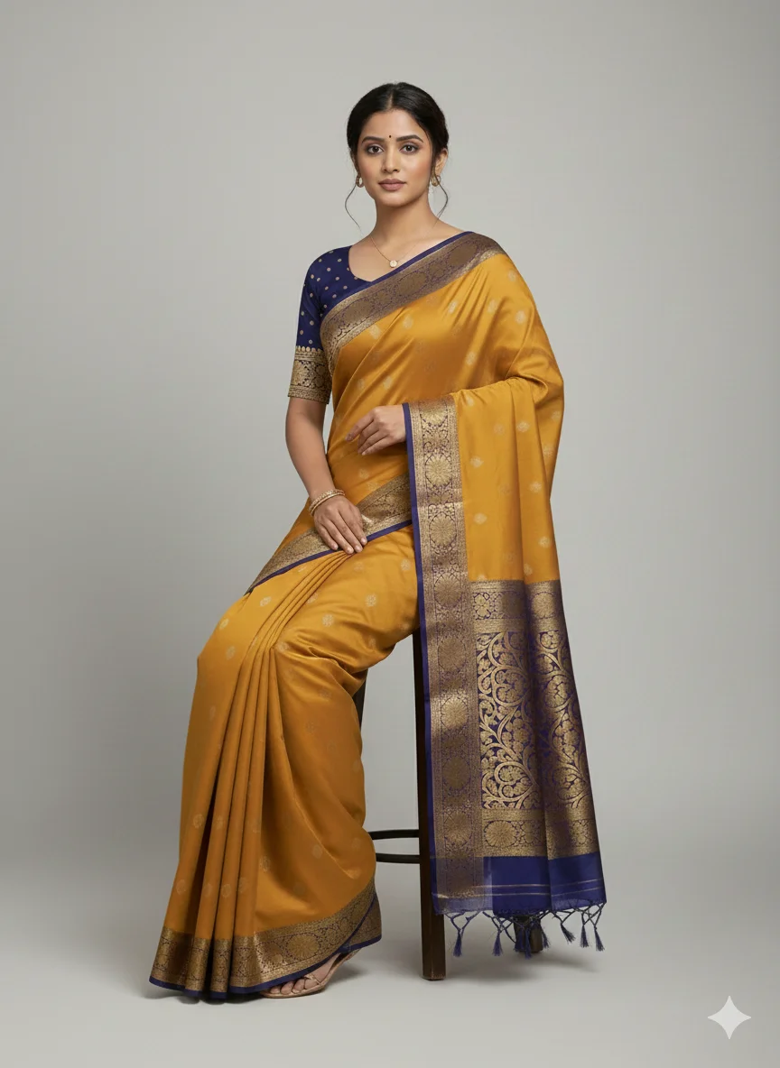 Mustard Yellow Georgette Banarasi Saree with Navy Blue Zari Border (with Stitched Blouse) - Image 2
