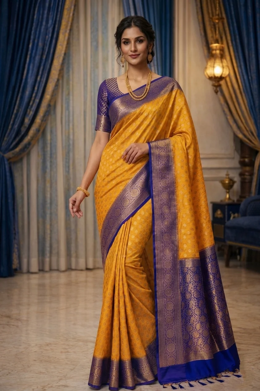 Mustard Yellow Georgette Banarasi Saree with Navy Blue Zari Border (with Stitched Blouse)