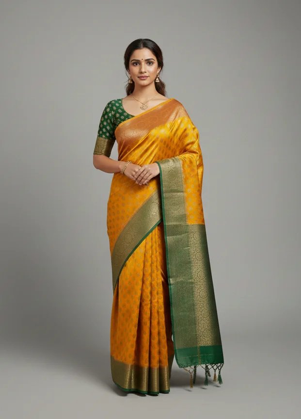 Mustard Yellow Georgette Banarasi Saree with Dark Green Zari Border (with Stitched Blouse)