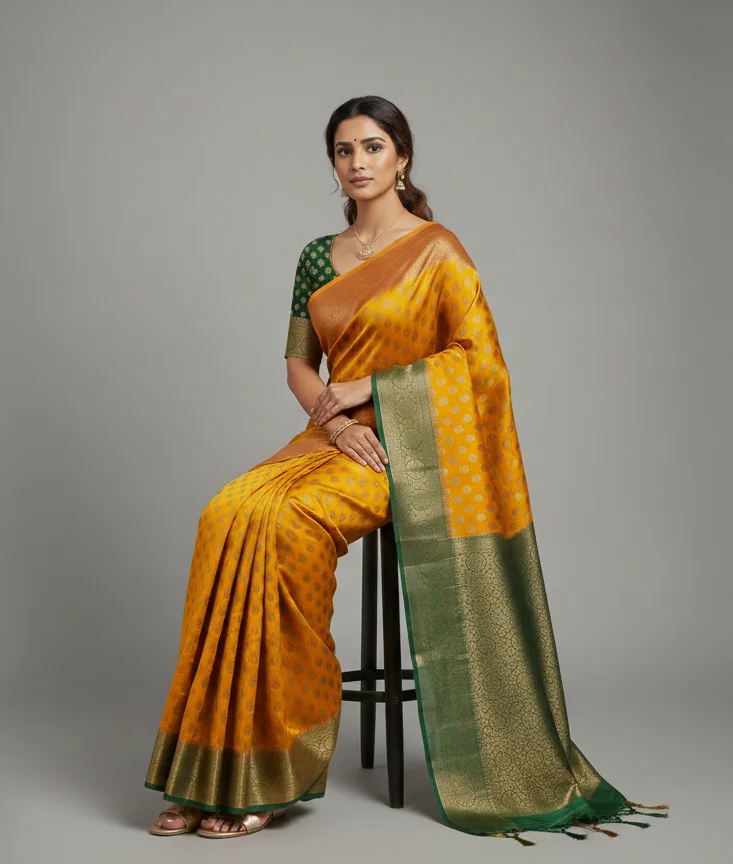 Mustard Yellow Georgette Banarasi Saree with Dark Green Zari Border (with Stitched Blouse) - Image 2