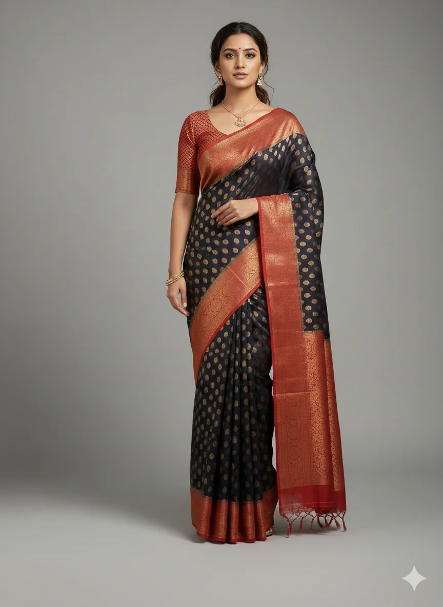 Black Georgette Banarasi Saree with Gold Polka Dots and Red Zari Border (with Stitched Blouse)