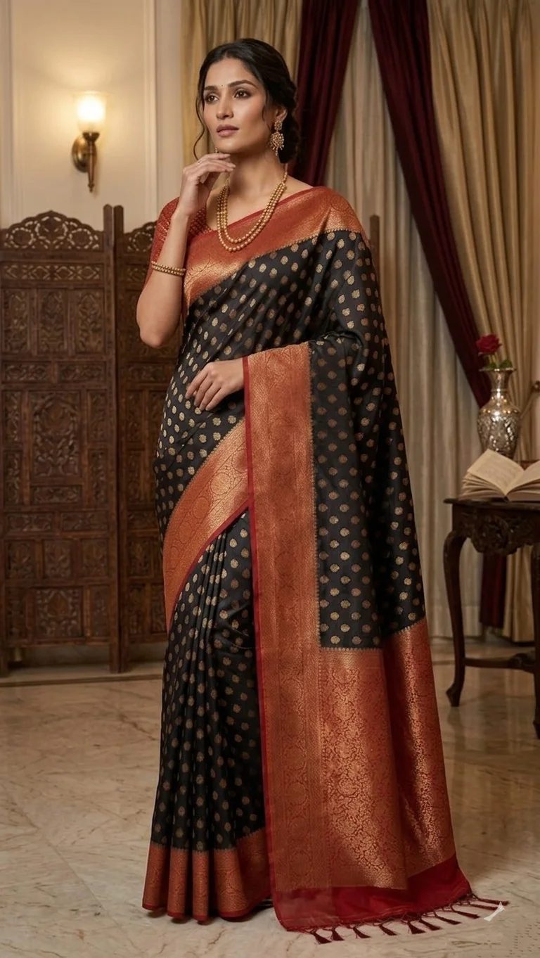 Black Georgette Banarasi Saree with Gold Polka Dots and Red Zari Border (with Stitched Blouse)