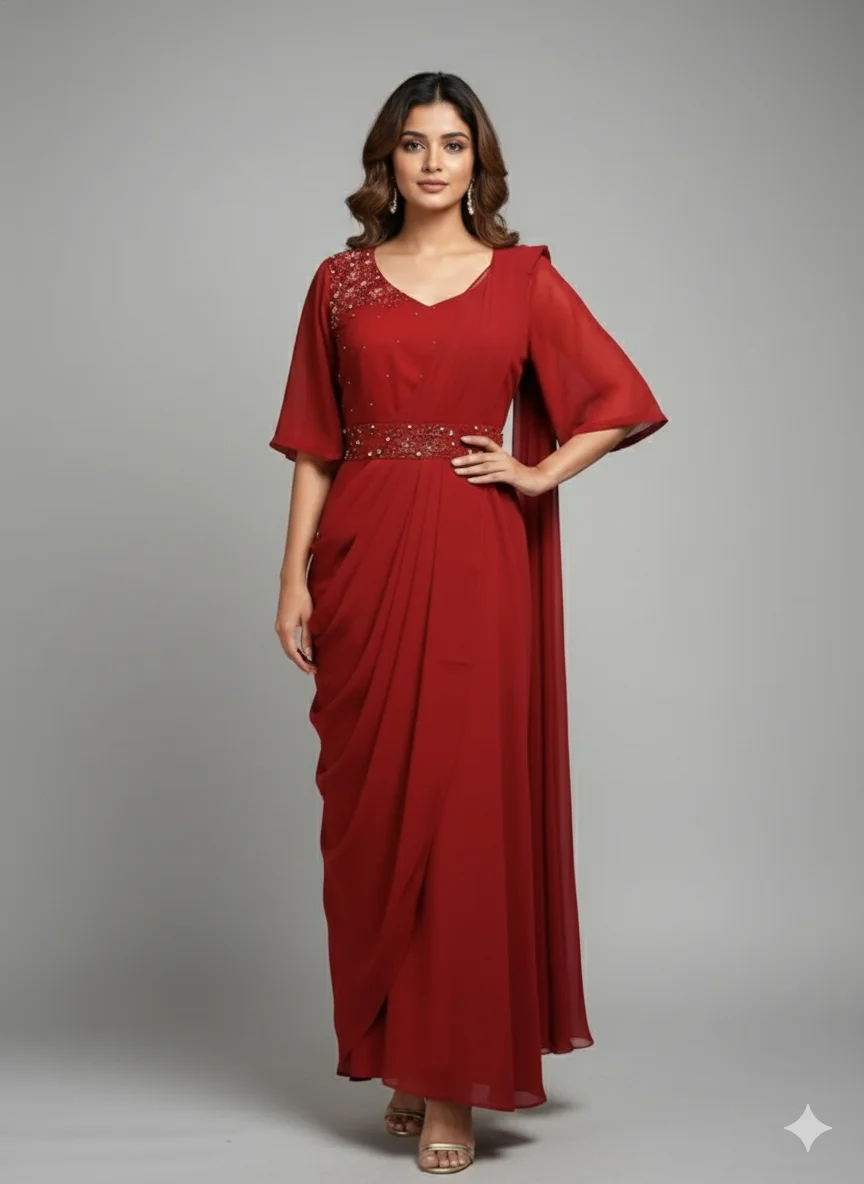 Brick Red Georgette Party Wear Single-Piece Saree Gown