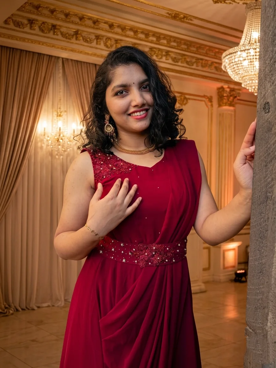 Brick Red Georgette Party Wear Single-Piece Saree Gown