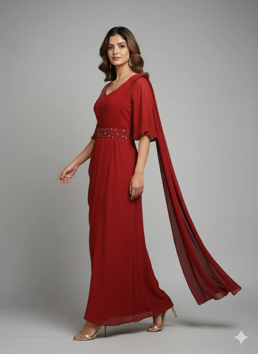 Brick Red Georgette Party Wear Single-Piece Saree Gown - Image 2