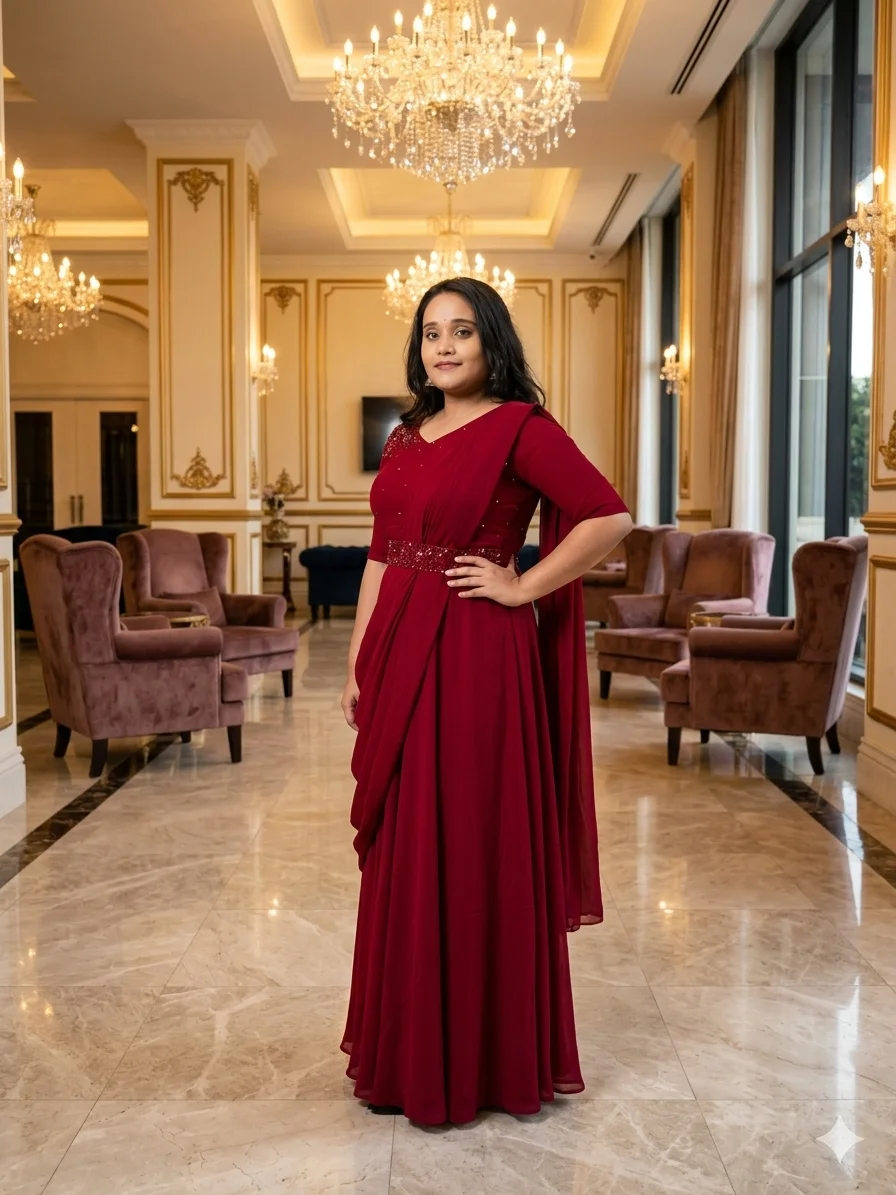 Brick Red Georgette Party Wear Single-Piece Saree Gown - Image 2