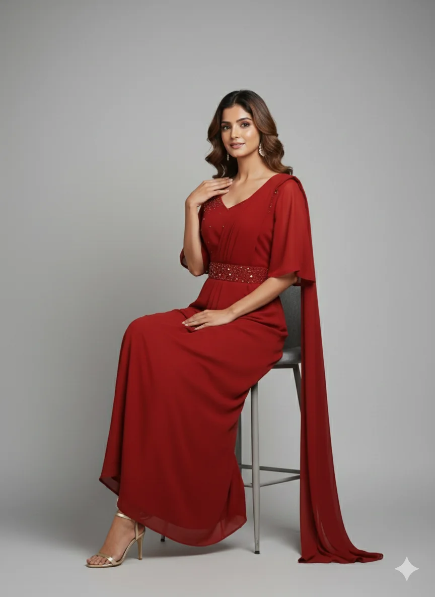 Brick Red Georgette Party Wear Single-Piece Saree Gown - Image 3