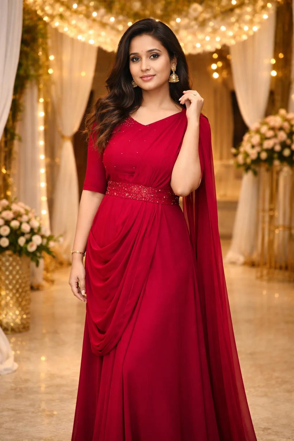 Brick Red Georgette Party Wear Single-Piece Saree Gown