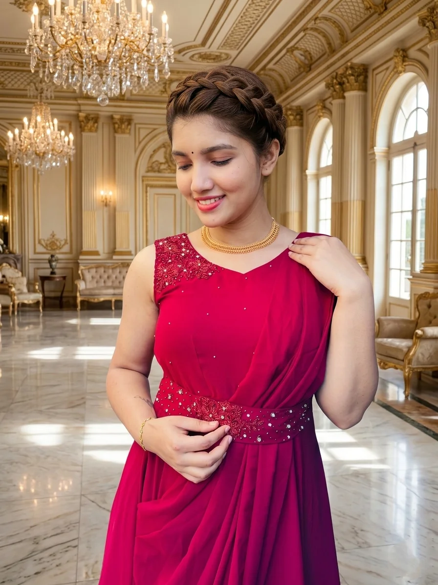 Brick Red Georgette Party Wear Single-Piece Saree Gown - Image 4