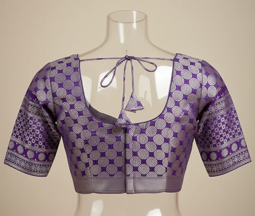 Purple Brocade Saree Blouse with Silver Circular Motifs - Image 2