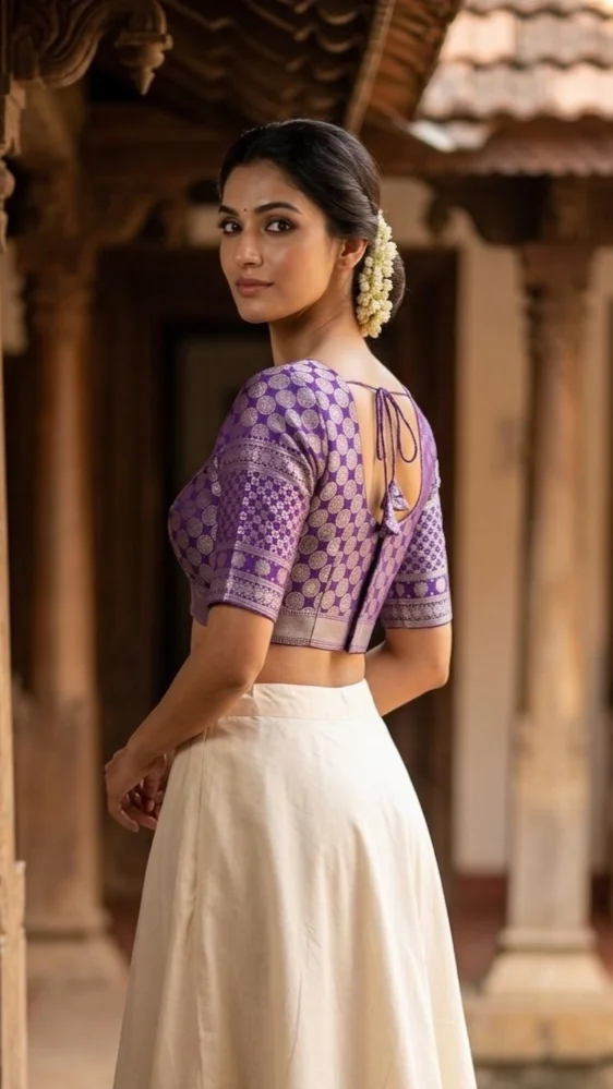 Purple Brocade Saree Blouse with Silver Circular Motifs