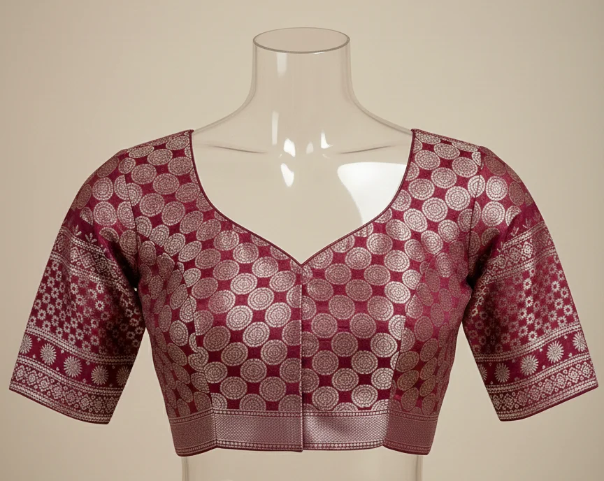 Deep Plum Brocade Saree Blouse with Intricate Silver Embroidery