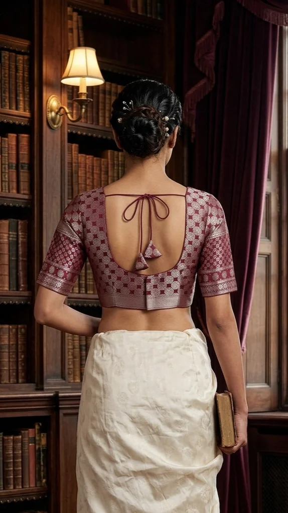 Deep Plum Brocade Saree Blouse with Intricate Silver Embroidery