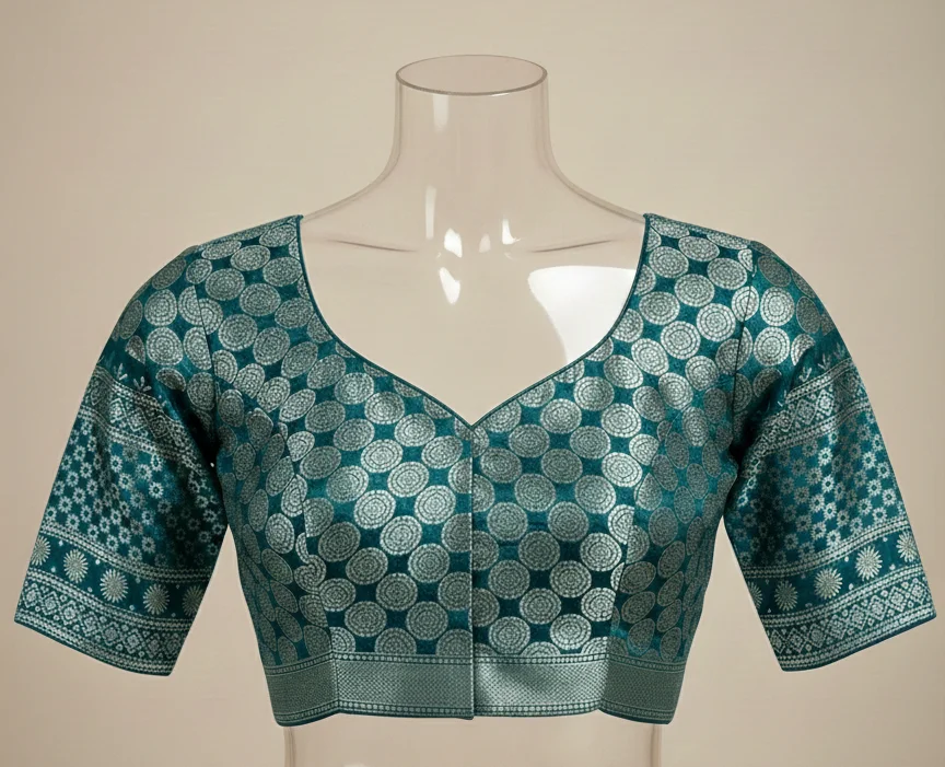 Teal Blue Brocade Saree Blouse with Silver Circle Motifs