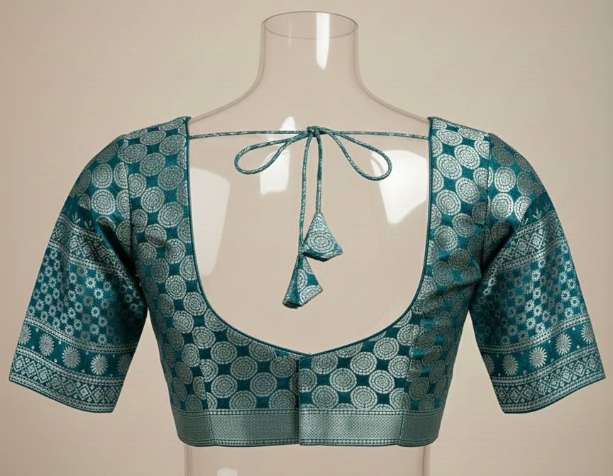 Teal Blue Brocade Saree Blouse with Silver Circle Motifs - Image 2