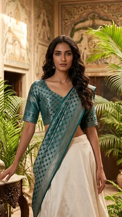 Teal Blue Brocade Saree Blouse with Silver Circle Motifs