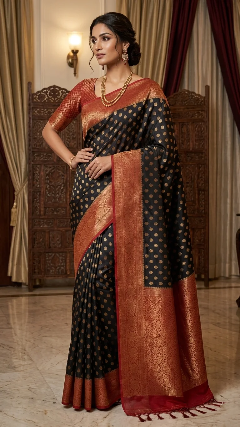 Black Georgette Banarasi Saree with Gold Polka Dots and Red Zari Border (with Stitched Blouse)