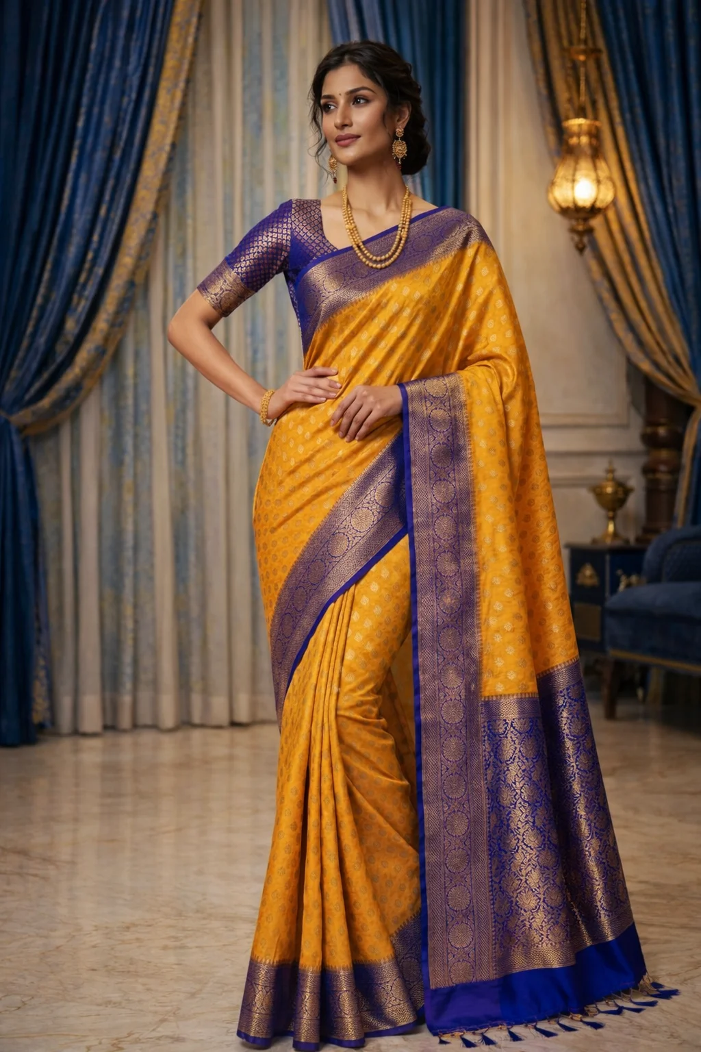Mustard Yellow Georgette Banarasi Saree with Navy Blue Zari Border (with Stitched Blouse)