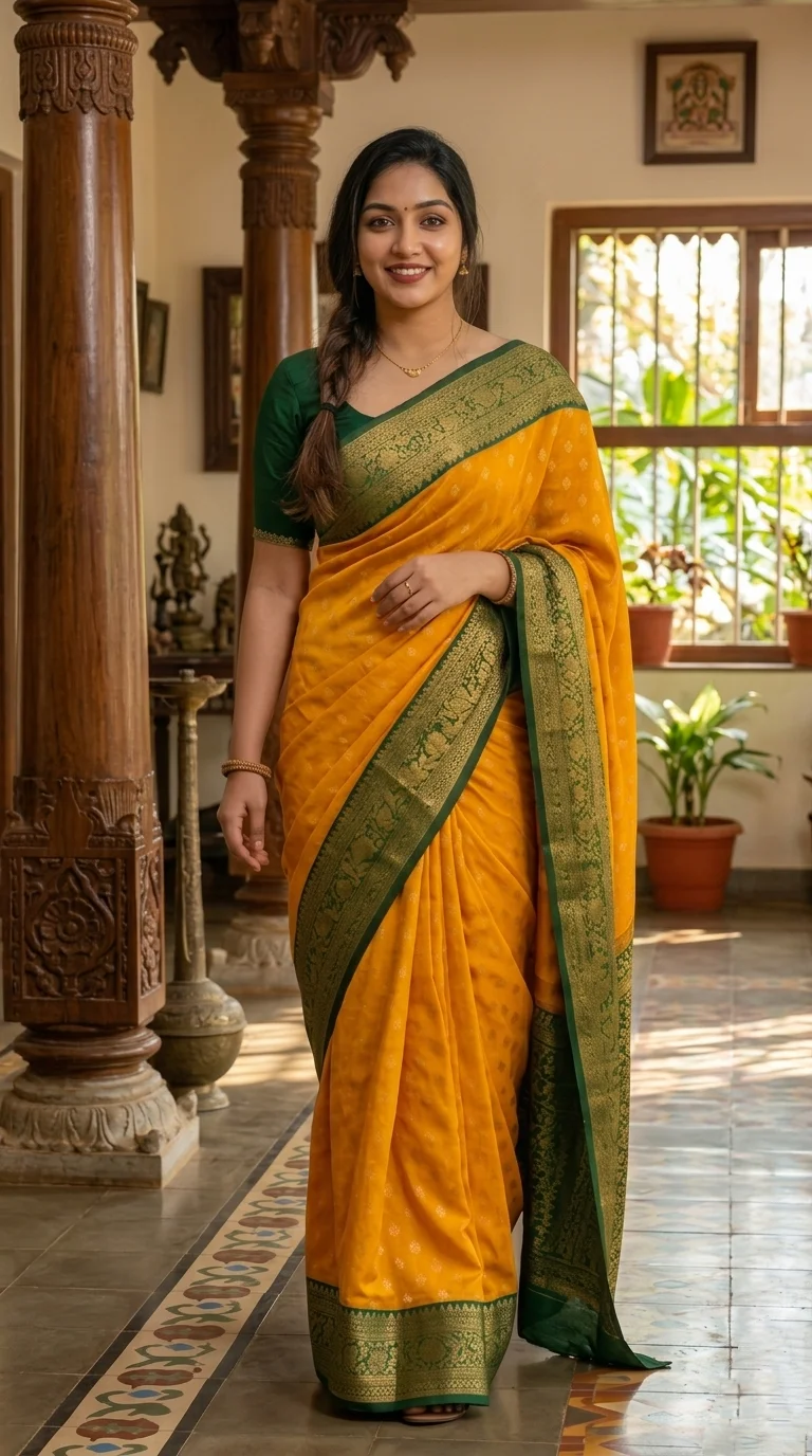 Mustard Yellow Georgette Banarasi Saree with Dark Green Zari Border (with Stitched Blouse) - Image 2
