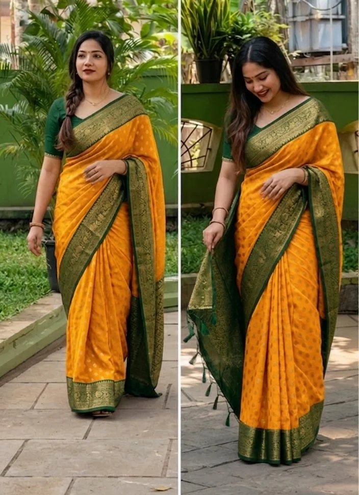 Mustard Yellow Georgette Banarasi Saree with Dark Green Zari Border (with Stitched Blouse)