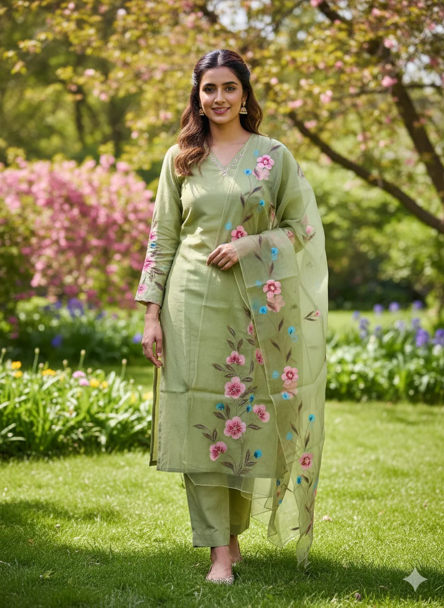 Sage Green Floral Embroidered Organza Salwar Kameez Suit