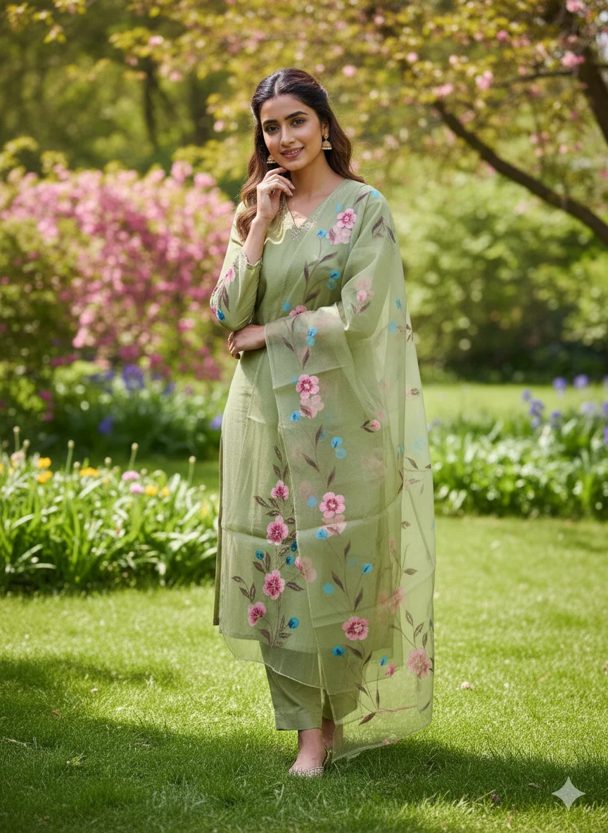 Sage Green Floral Embroidered Organza Salwar Kameez Suit - Image 2