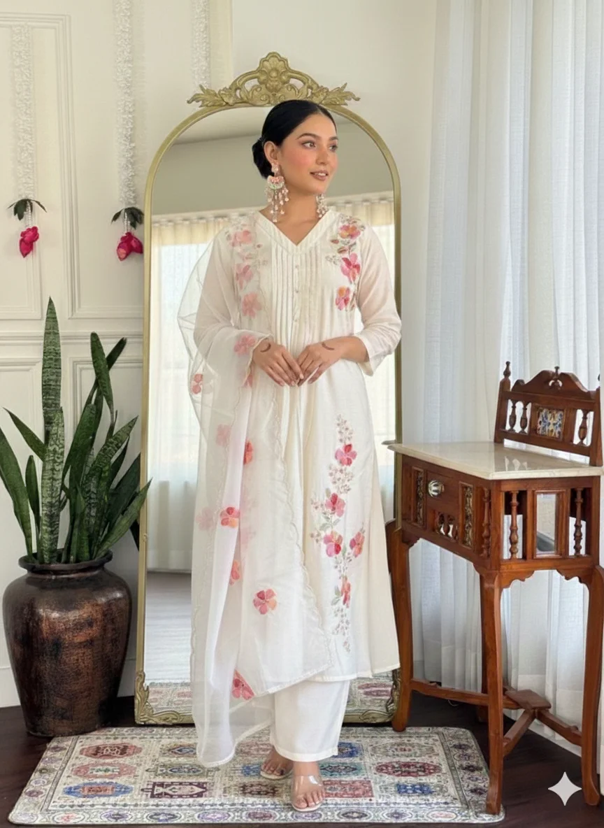 Off-White Floral Embroidered Chanderi Anarkali Suit with Organza Dupatta - Image 2