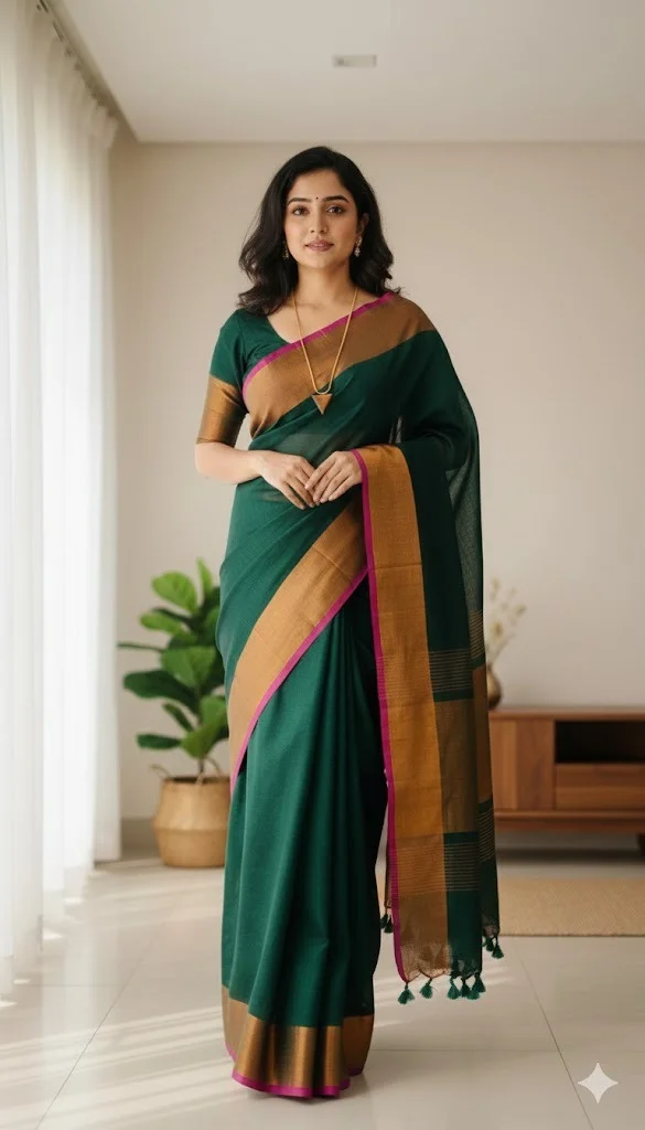 Emerald Green Mul Cotton Saree with Copper Zari and Pink Piping (with blouse)