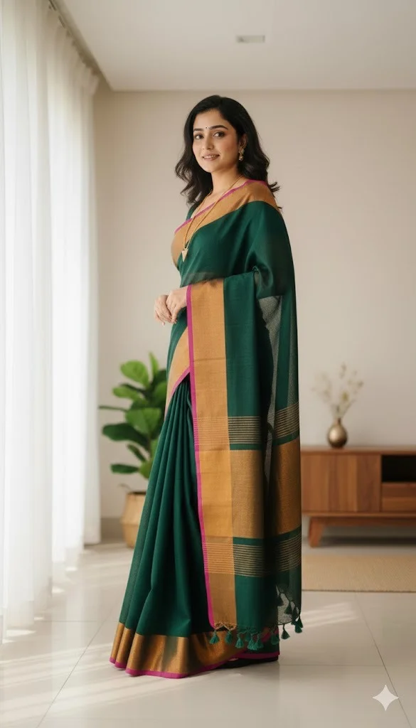 Emerald Green Mul Cotton Saree with Copper Zari and Pink Piping (with blouse) - Image 2