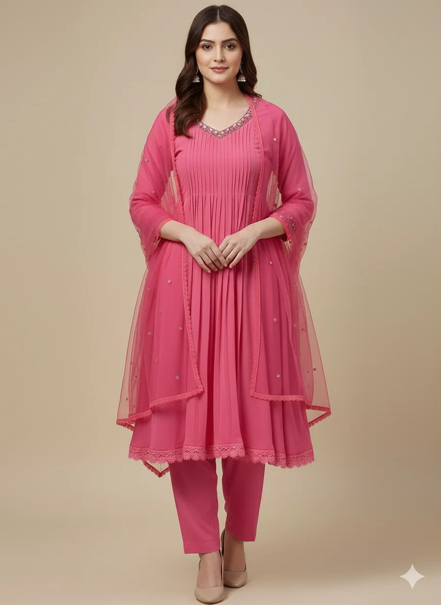 Candy Pink Pleated Georgette Salwar Suit with Embellished Net Dupatta