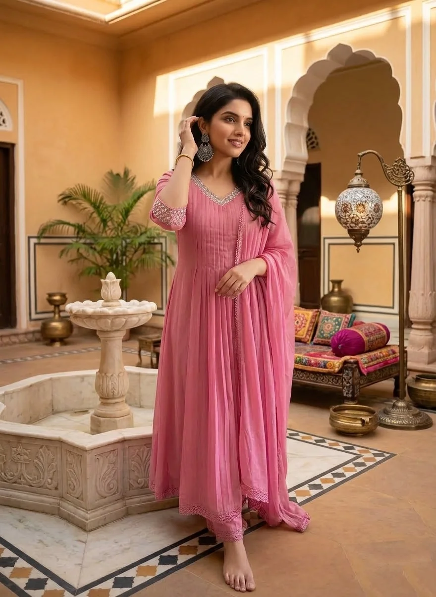 Candy Pink Pleated Georgette Salwar Suit with Embellished Net Dupatta - Image 3