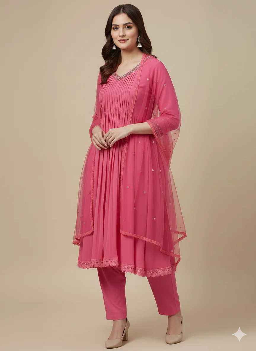 Candy Pink Pleated Georgette Salwar Suit with Embellished Net Dupatta - Image 2