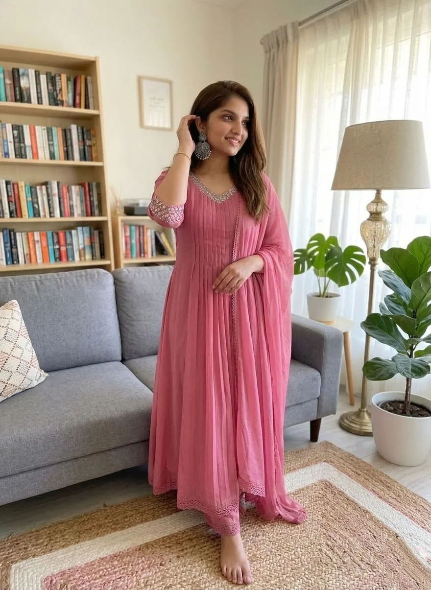 Candy Pink Pleated Georgette Salwar Suit with Embellished Net Dupatta